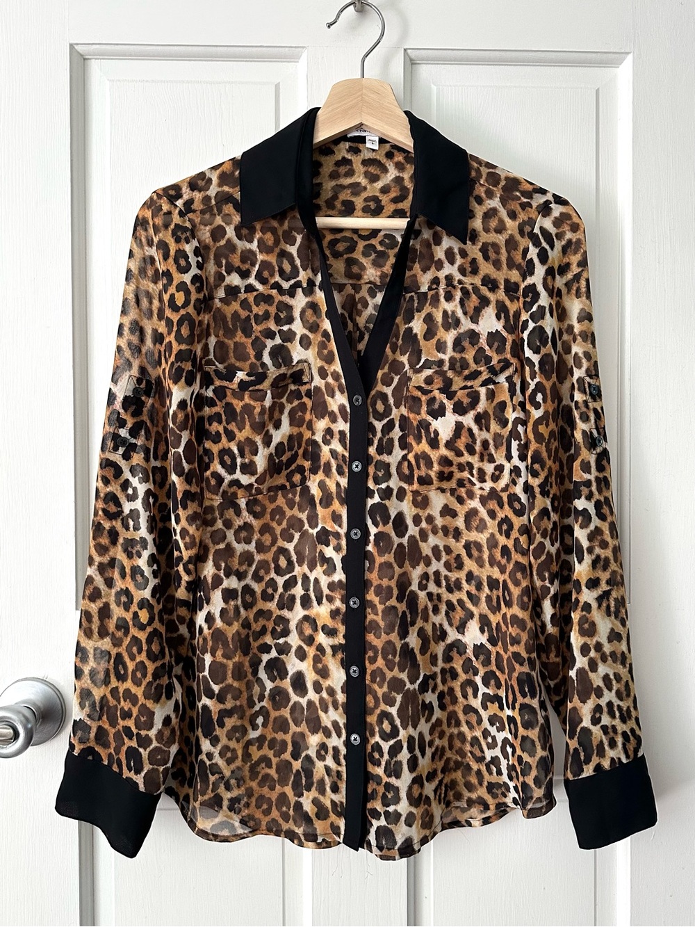 EXPRESS Portofino Leopard Button Front Shirt Animal Print Sheer Size S